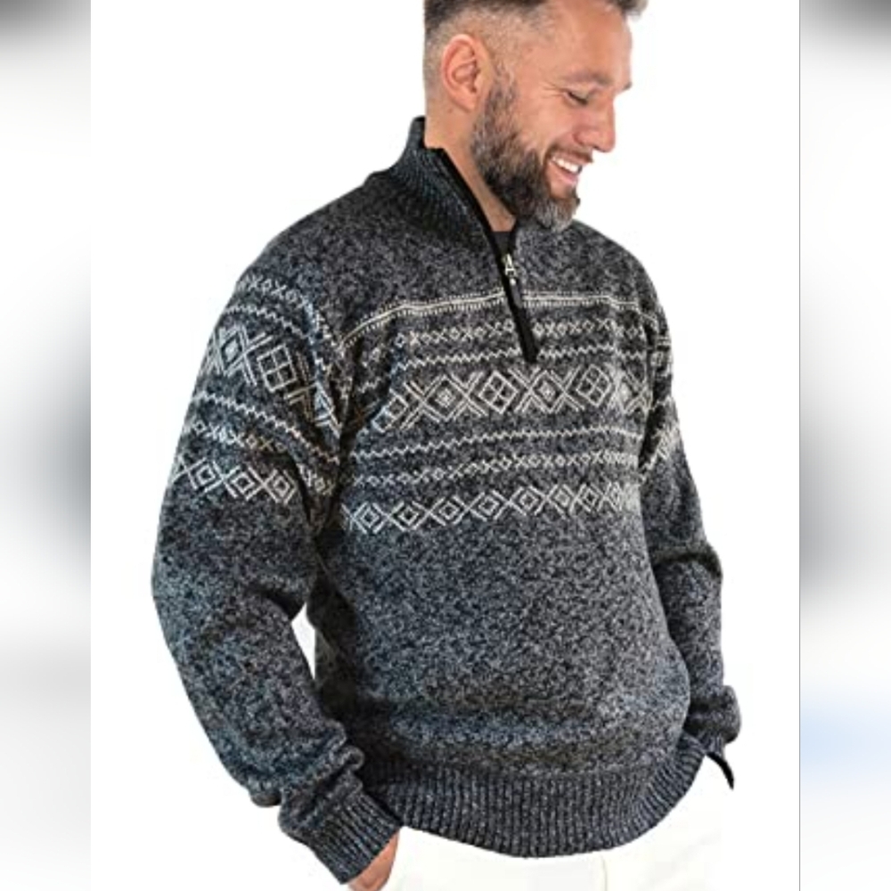 👉*NWT* CHARCOAL GREY & WHITE *FLEECE LINED* PATTERNED QUARTER-ZIP SWEATER ~XXL - Picture 15 of 15